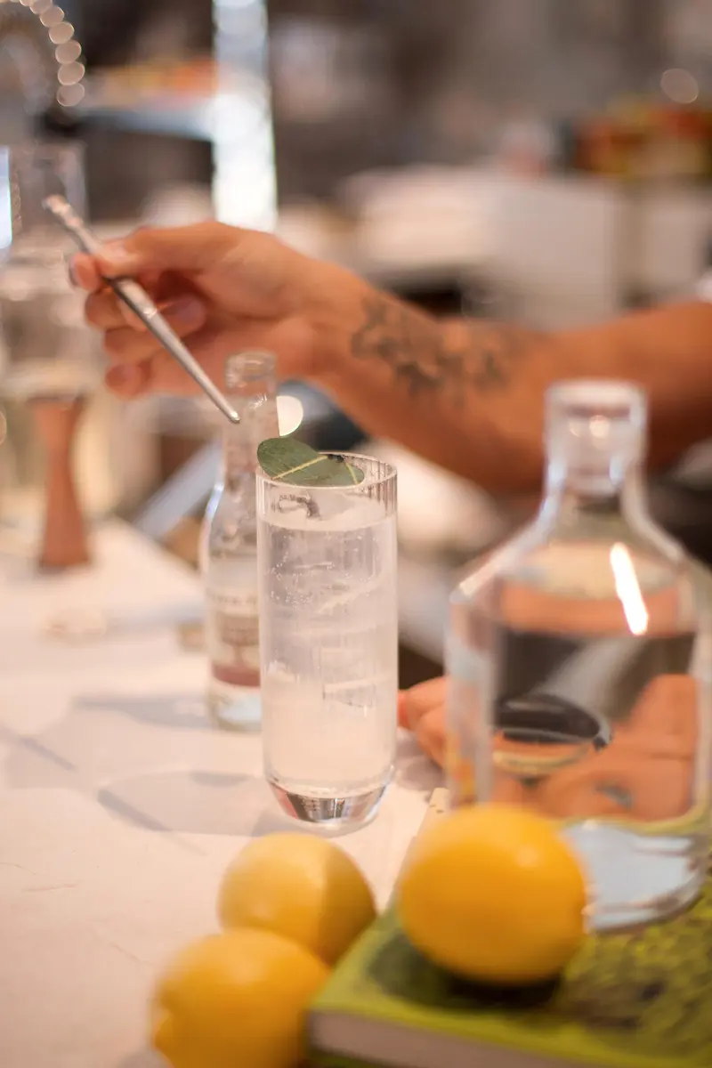 Cocktail garnishing with fresh herbs and citrus